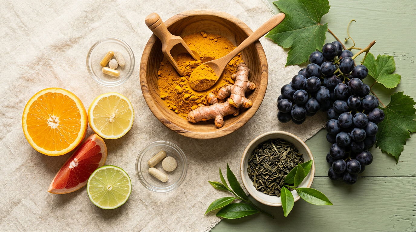 Куркума, цитрусовые и растительные источники полифенолов — иллюстрация к статье об антиоксидантах в БАД