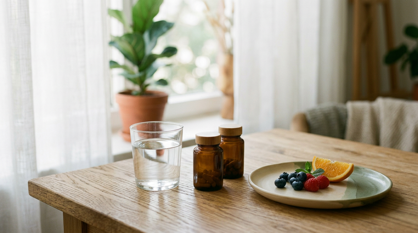 Вода и добавки на столе: спокойная домашняя обстановка