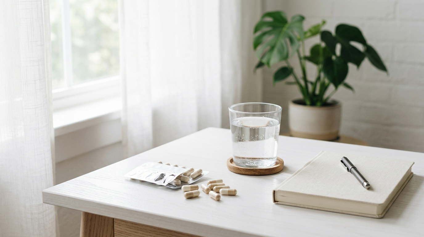 Капсулы пробиотика на столе со стаканом воды и блокнотом — выбор и режим приёма биодобавок для кишечника.
